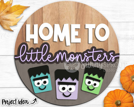 Home to Little Monsters Sign, Digital Download, SVG Laser Cut File, Cricut, Round Cute Kids Halloween Door Hanger Design