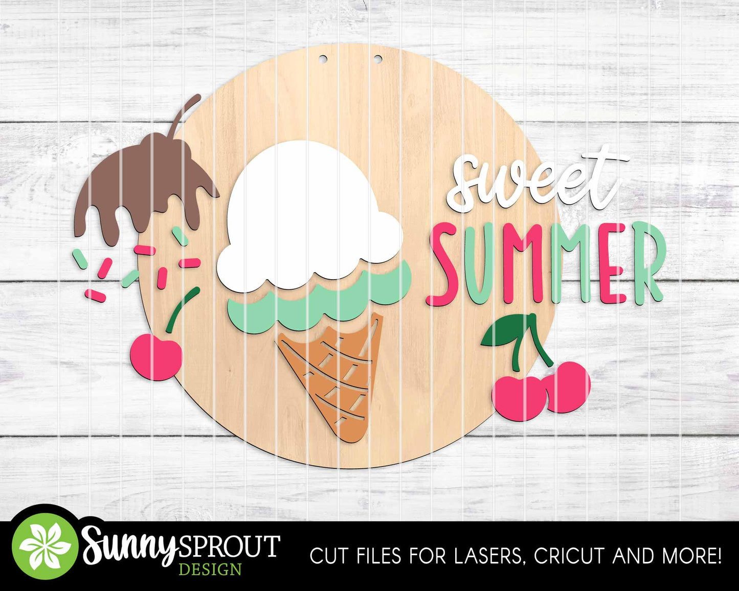 Sweet Summer Ice Cream Cone Sign, Digital Download, SVG Laser Cut File, Cricut, Round Door Hanger Design