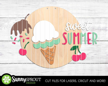 Sweet Summer Ice Cream Cone Sign, Digital Download, SVG Laser Cut File, Cricut, Round Door Hanger Design