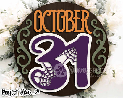 October 31 Spider Web Sign, Digital Download, SVG Laser Cut File, Cricut, Round Halloween Door Hanger Design