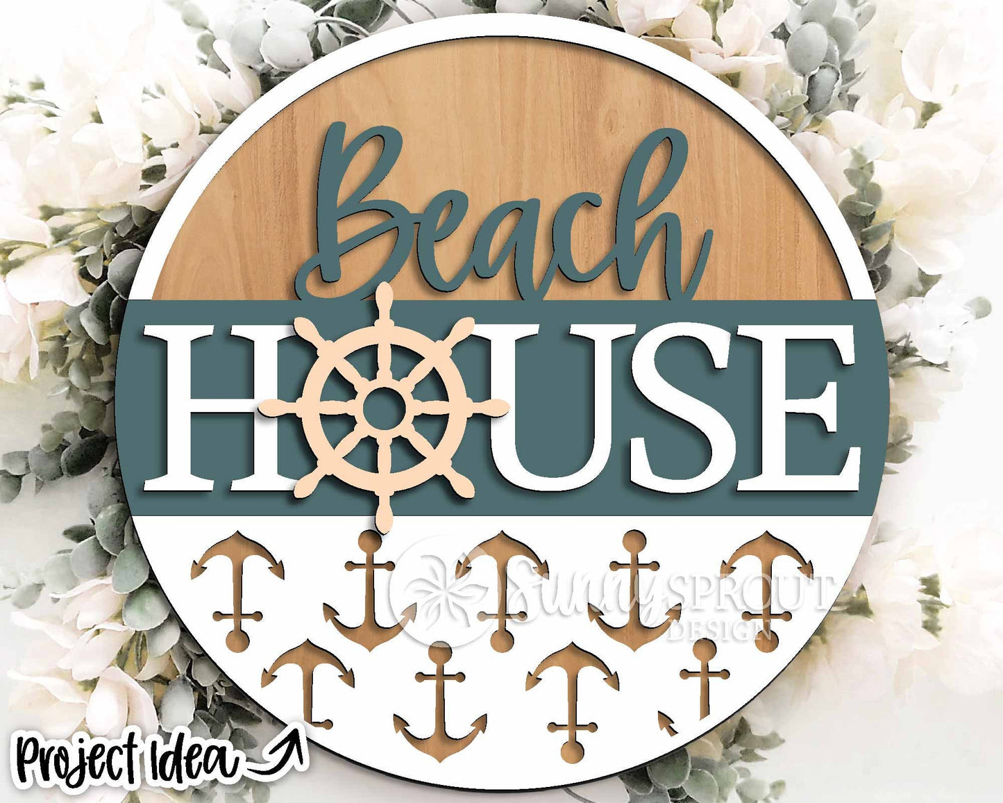 Beach House Nautical Anchor Sign, Digital download, SVG Laser cut file, Cricut, Round door hanger design, Ocean coastal decor