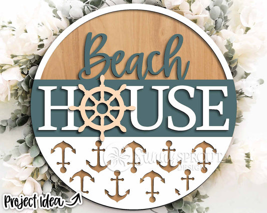 Beach House Nautical Anchor Sign, Digital download, SVG Laser cut file, Cricut, Round door hanger design, Ocean coastal decor