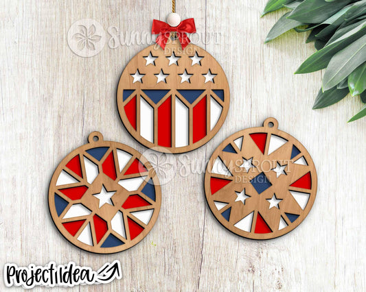 Americana Barn Quilt Ornament Bundle, Digital download, SVG laser cut file, Christmas patriotic design, American flag decor