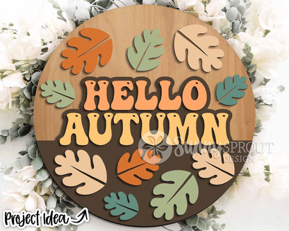 Hello Autumn Retro Leaf Sign, Digital Download, SVG Laser Cut File, Cricut, Round Fall Door Hanger Design