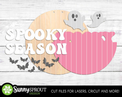 Spooky Season Retro Bats Ghosts Sign, Digital Download, SVG Laser Cut File, Cricut, Round Halloween Door Hanger Design