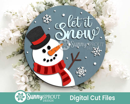 Let It Snow Snowman Sign, Round door hanger svg, Christmas holiday sign, Glowforge laser cut file, Cricut, Winter decor