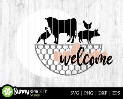 Welcome Farm Animals Sign, Digital download, SVG Laser cut file, Cricut, Round door hanger design, Farm animal decor