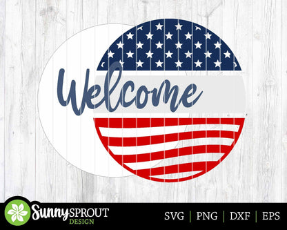Welcome American Flag Sign, Digital Download, SVG Laser Cut File, Cricut, Round Door Hanger Design, Patriotic 4th of July Decor