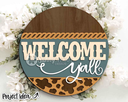 Welcome Y'all Cow Pattern Rope Sign, Digital Download, SVG Laser Cut File, Cricut, Western Cowboy Round Door Hanger Design