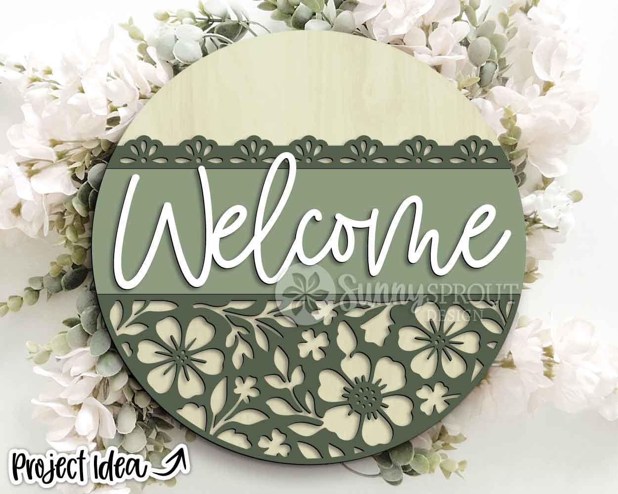 Welcome Floral Pattern Sign, Digital Download, SVG Laser Cut File, Cricut, Spring Summer Round Door Hanger Design