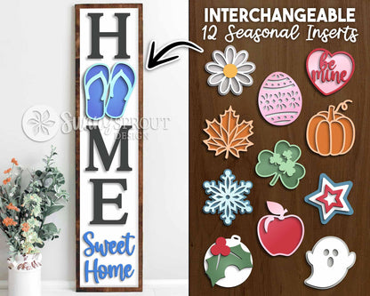 Home Sweet Home Interchangeable Graphics Porch Sign, Digital download, Seasonal vertical porch leaner svg, Glowforge laser file, Cricut