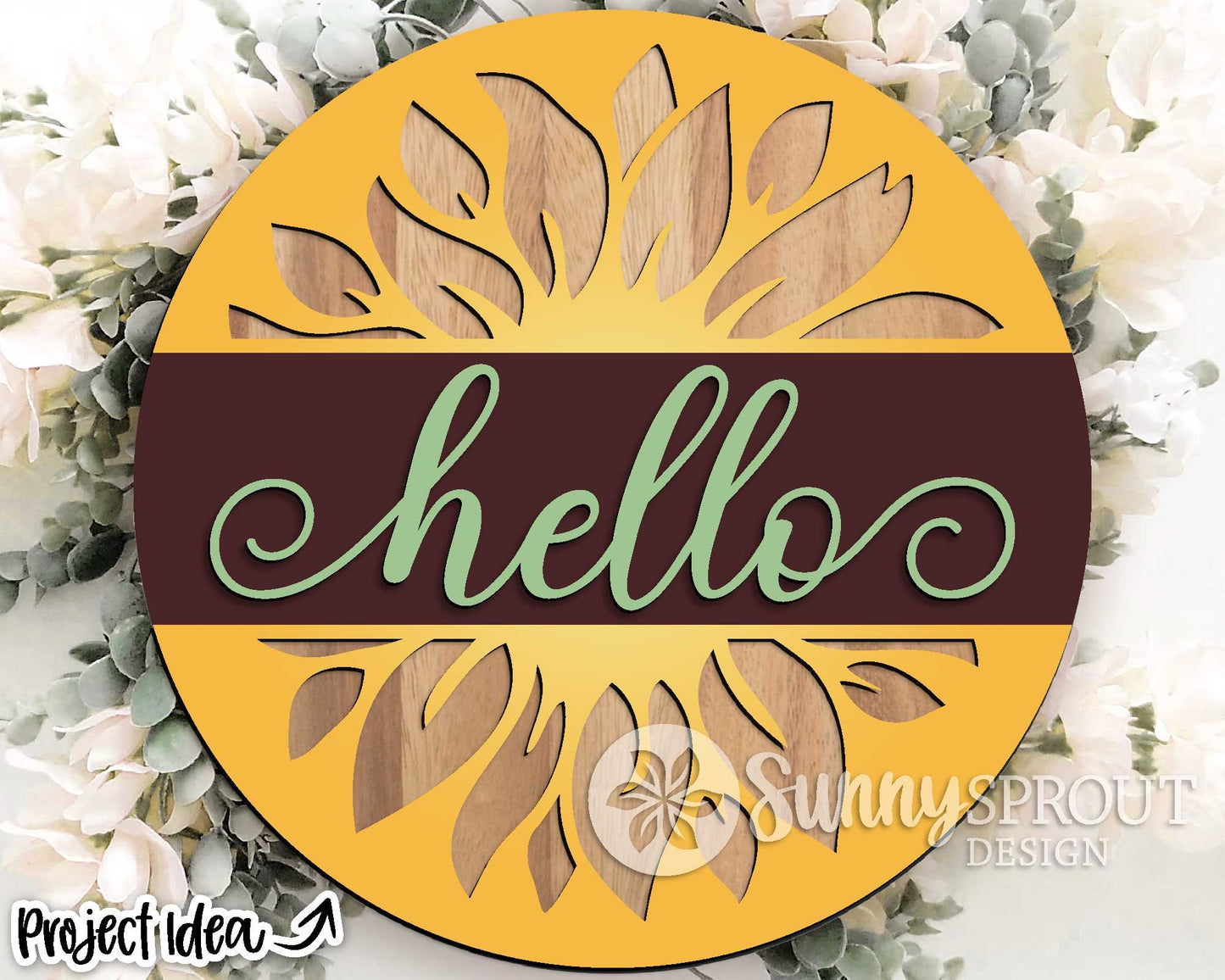 Hello Sunflower Round Sign, Digital Download, SVG Laser Cut File, Cricut, Summer Fall Round Door Hanger Design