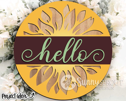 Hello Sunflower Round Sign, Digital Download, SVG Laser Cut File, Cricut, Summer Fall Round Door Hanger Design