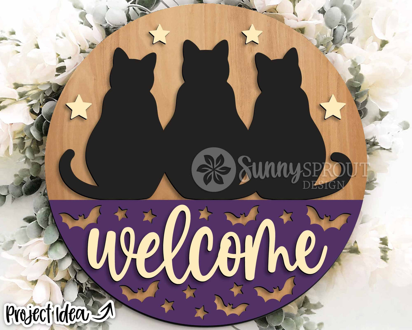 Welcome Three Black Cats Sign, Digital Download, SVG Laser Cut File, Cricut, Round Halloween Door Hanger Design