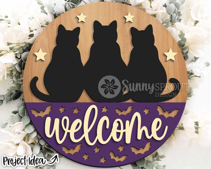 Welcome Three Black Cats Sign, Digital Download, SVG Laser Cut File, Cricut, Round Halloween Door Hanger Design