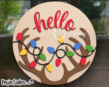 Hello Reindeer Lights Sign, Digital Download, SVG Laser Cut File, Cricut, Round Door Hanger Design, Modern Christmas Decor