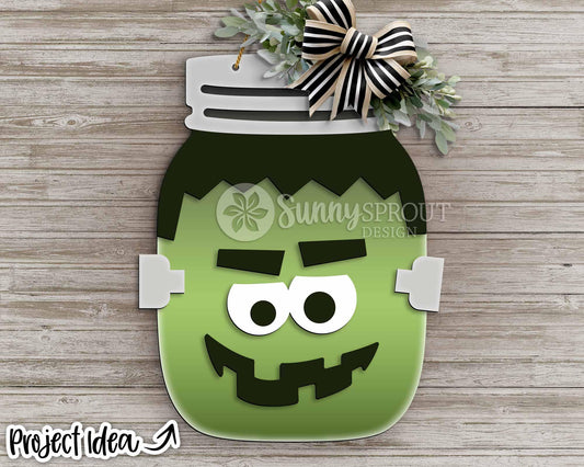 Halloween Frankenstein Mason Jar Sign, Digital Download, SVG Laser Cut File, Cricut, Spooky Halloween Door Hanger Design