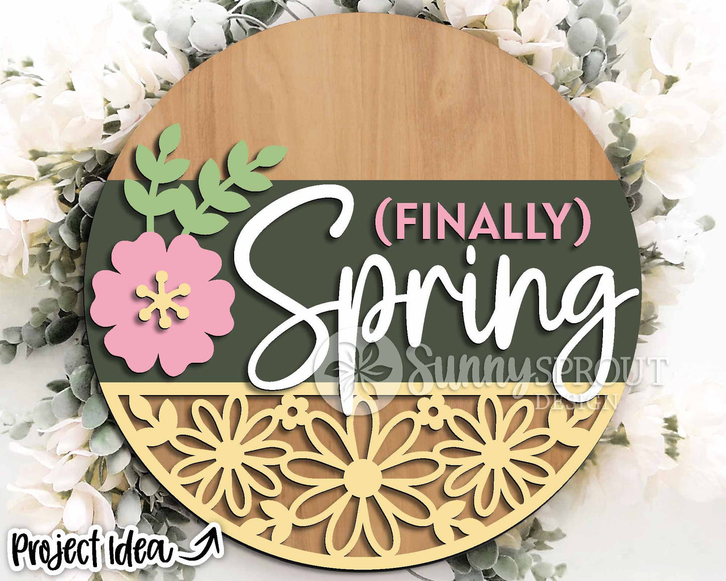 Finally Spring Flower Pattern Sign, Digital download, SVG laser cut file, Cricut, Round door hanger design
