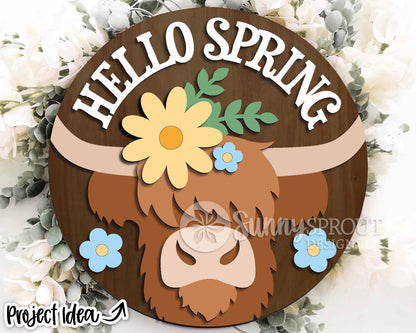 Hello Spring Highland Cow Flower Sign, Digital download, SVG Laser cut file, Cricut, Round door hanger design