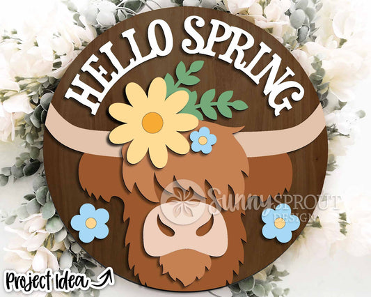 Hello Spring Highland Cow Flower Sign, Digital download, SVG Laser cut file, Cricut, Round door hanger design
