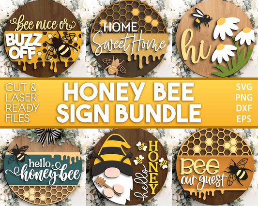Honey Bee Laser Sign Bundle, Round door hanger svg, Glowforge laser file, Cricut, Front door welcome sign, Bee honeycomb
