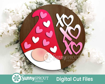 Heart Gnome XOXO Sign, Digital Download, SVG Laser Cut File, Cricut, Round Door Hanger Wall Art Design, Valentine's Day Decor