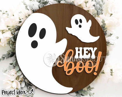 Hey Boo Ghost Sign, Digital Download, SVG Laser Cut File, Cricut, Round Halloween Door Hanger Design