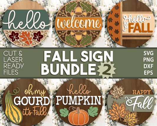 Fall Laser Sign Bundle 2, Round door hanger, Glowforge laser file, Cricut cut file, Autumn welcome sign svg, Fall decor