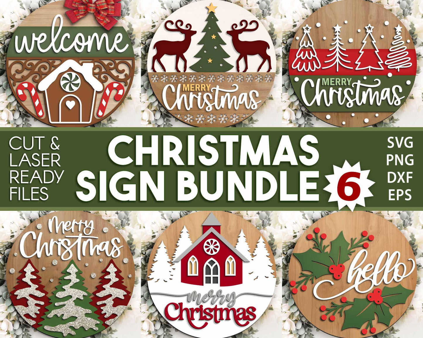 Christmas Laser Sign Bundle 6, Round door hanger, Glowforge laser cut file, Holiday welcome sign svg, Winter decor svg