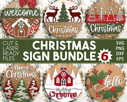 Christmas Laser Sign Bundle 6, Round door hanger, Glowforge laser cut file, Holiday welcome sign svg, Winter decor svg