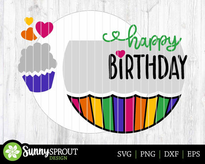 Happy Birthday Cupcake Sign, Digital Download, SVG Laser Cut File, Cricut, Round Party Door Hanger Design