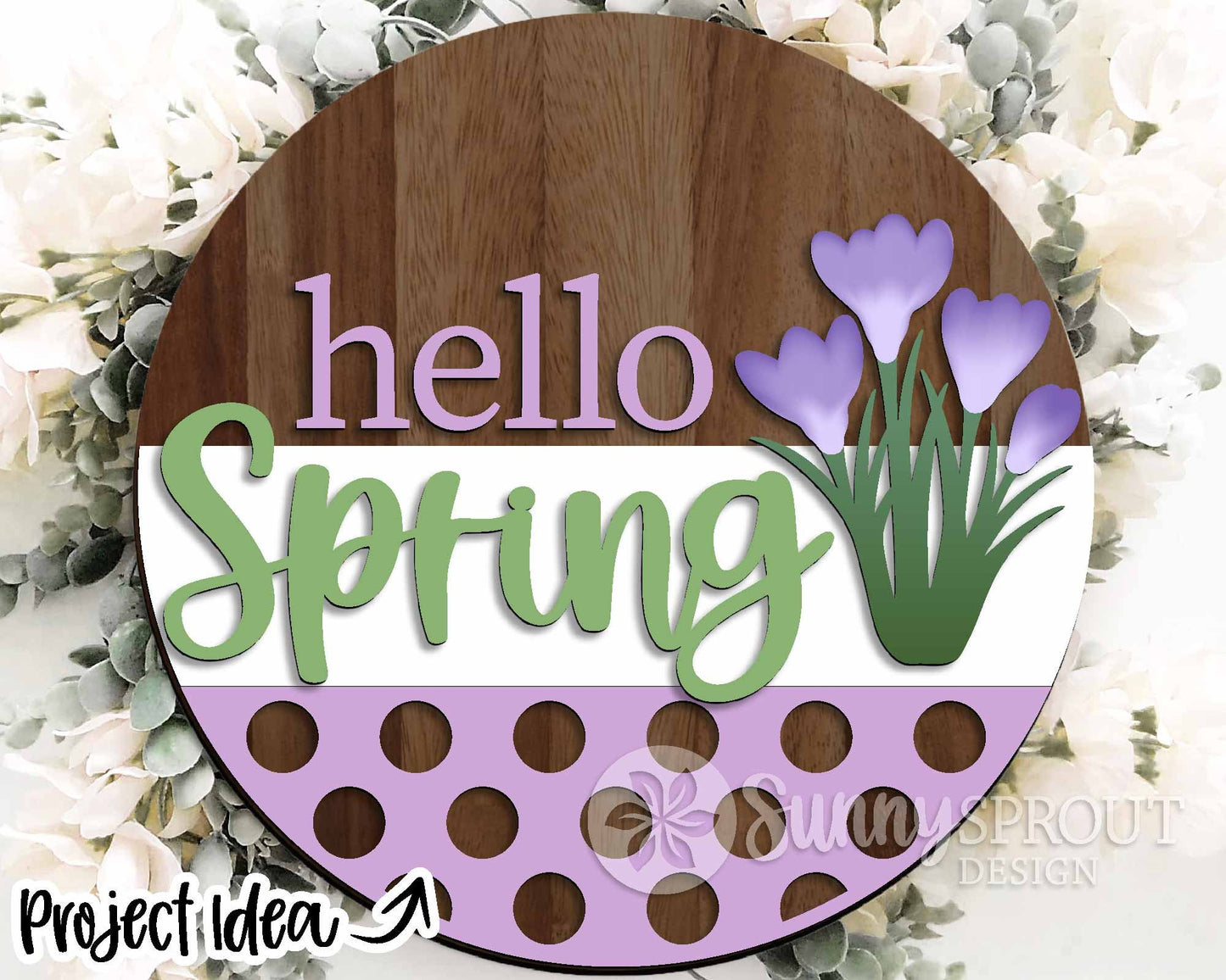 Hello Spring Crocus Flower Sign, Digital download, SVG laser cut file, Cricut, Round door hanger design