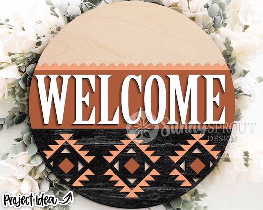 Welcome Southwest Pattern Sign, Digital Download, SVG Laser Cut File, Cricut, Aztec Western Round Door Hanger Design