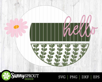 Hello Daisy Flower & Vine Sign, Digital download, SVG Laser cut file, Cricut, Round door hanger design, Spring summer floral decor