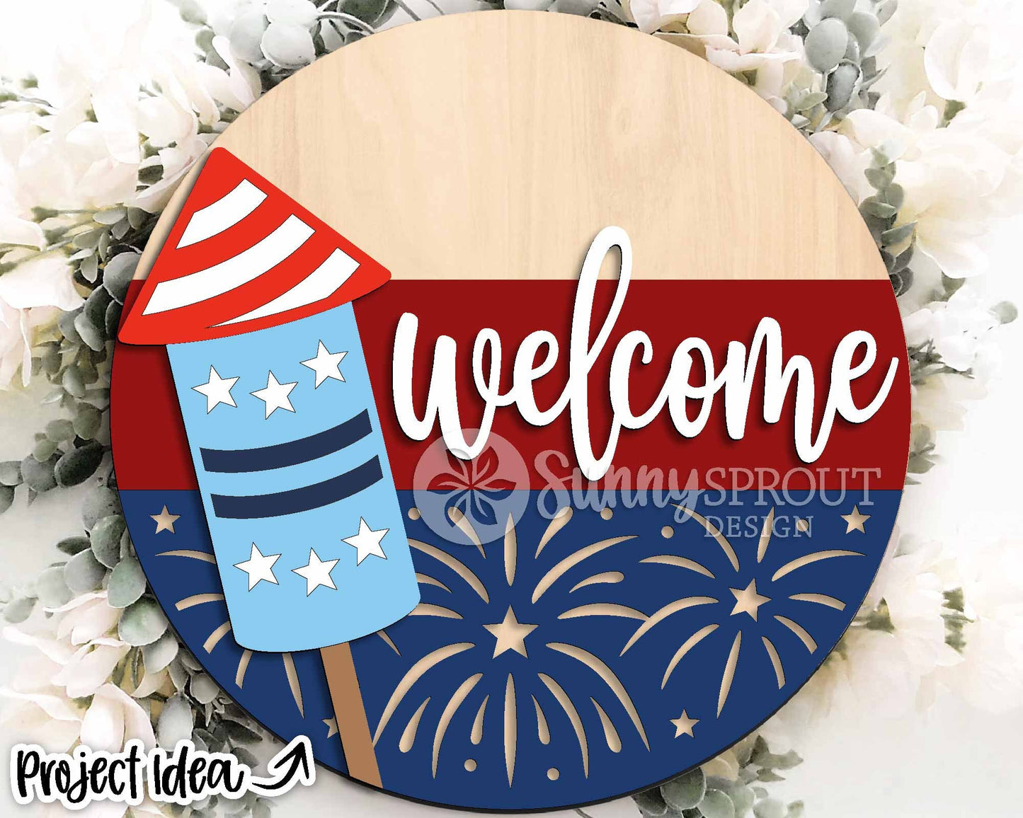 Welcome Patriotic Firecracker Sign, Digital Download, SVG Laser Cut File, Cricut, Round Door Hanger Design, Patriotic 4th of July Decor