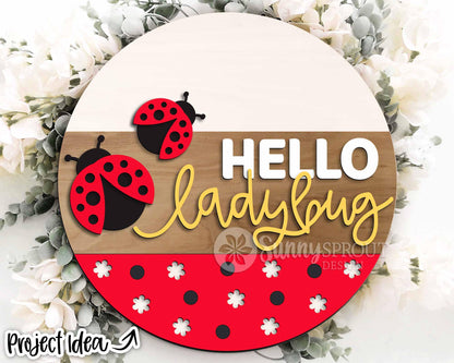 Hello Ladybug Sign, Digital Download, SVG Laser Cut File, Summer Round Door Hanger Design