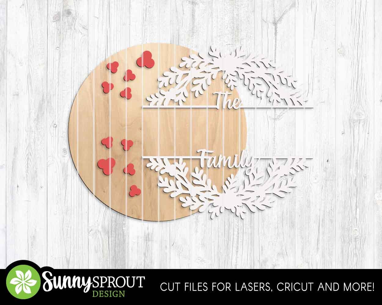 Holly Split Frame Family Name Monogram Sign, Digital Download, SVG Laser Cut File, Cricut, Round Door Hanger Design, Christmas Decor