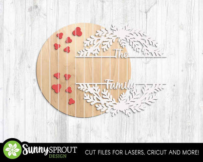 Holly Split Frame Family Name Monogram Sign, Digital Download, SVG Laser Cut File, Cricut, Round Door Hanger Design, Christmas Decor