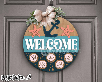 Welcome Anchor Seashell Sign, Digital download, SVG Laser cut file, Cricut, Round door hanger design, Ocean coastal beach decor