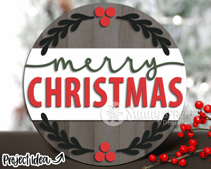 Merry Christmas Holly Sprig Sign, Digital Download, SVG Laser Cut File, Cricut, Modern Round Door Hanger Design