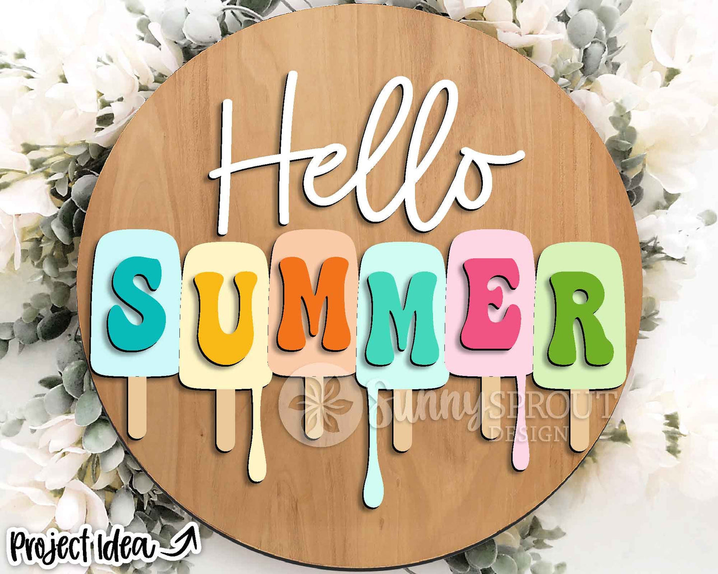 Hello Summer Popsicle Drip Sign, Digital Download, SVG Laser Cut File, Cricut, Round Door Hanger Design