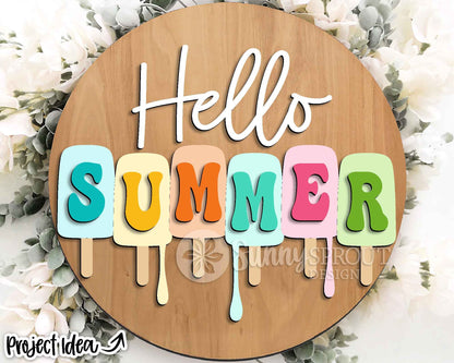 Hello Summer Popsicle Drip Sign, Digital Download, SVG Laser Cut File, Cricut, Round Door Hanger Design
