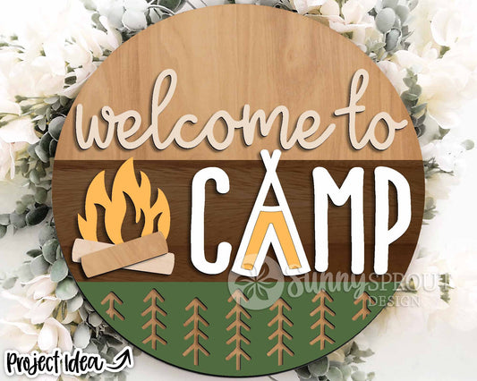 Welcome to Camp Sign, Digital download, SVG Laser cut file, Cricut, Round door hanger design, Camping cabin decor