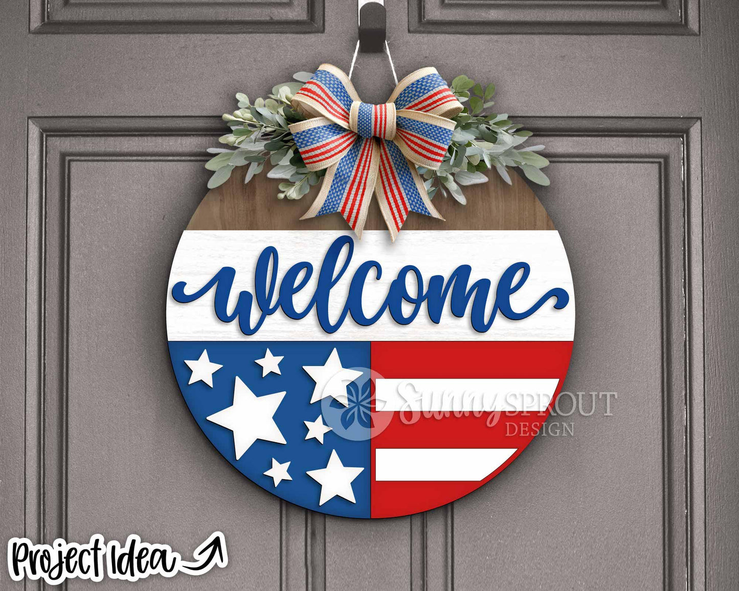 Welcome American Flag Star Sign, Digital Download, SVG Laser Cut File, Cricut, Round Door Hanger Design, Patriotic 4th of July Decor