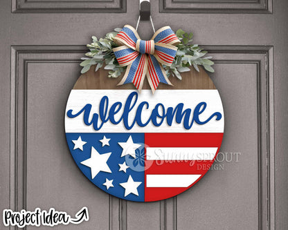 Welcome American Flag Star Sign, Digital Download, SVG Laser Cut File, Cricut, Round Door Hanger Design, Patriotic 4th of July Decor