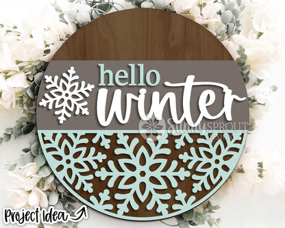 Hello Winter Snowflakes Sign, Round door hanger svg, Glowforge laser file, Cricut, Winter door decor, Winter welcome sign