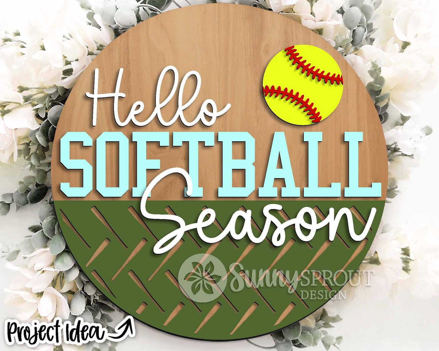 Hello Softball Season Sign, Digital Download, SVG Laser Cut File, Cricut, Round Door Hanger Design, Sports Decor