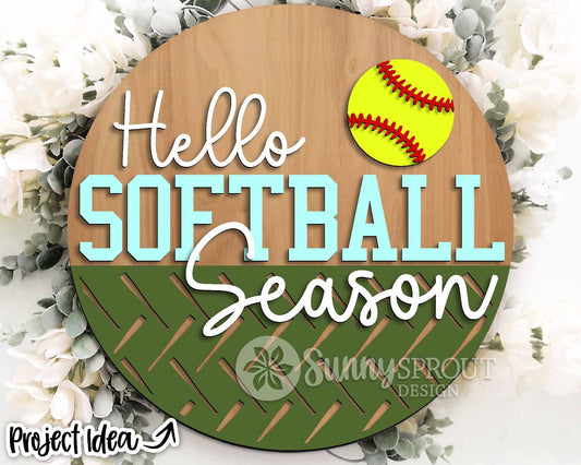 Hello Softball Season Sign, Digital Download, SVG Laser Cut File, Cricut, Round Door Hanger Design, Sports Decor