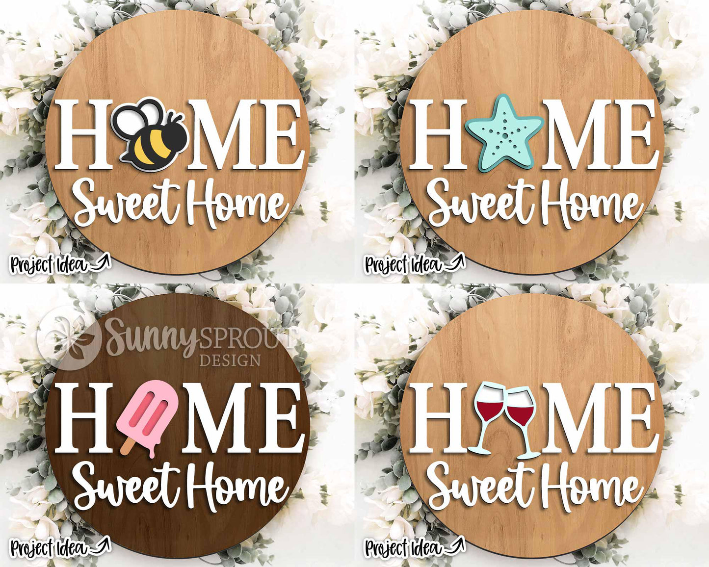 Home Sweet Home Interchangeable Graphics Sign, Digital Download, SVG Laser Cut File, Cricut, Seasonal Round Door Hanger Design