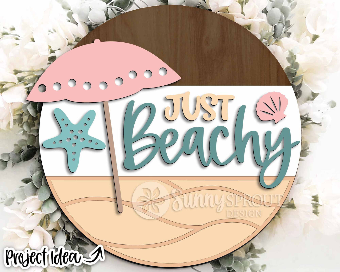 Just Beachy Umbrella Sign, Digital download, SVG Laser cut file, Cricut, Round door hanger wall art design, Ocean coastal decor